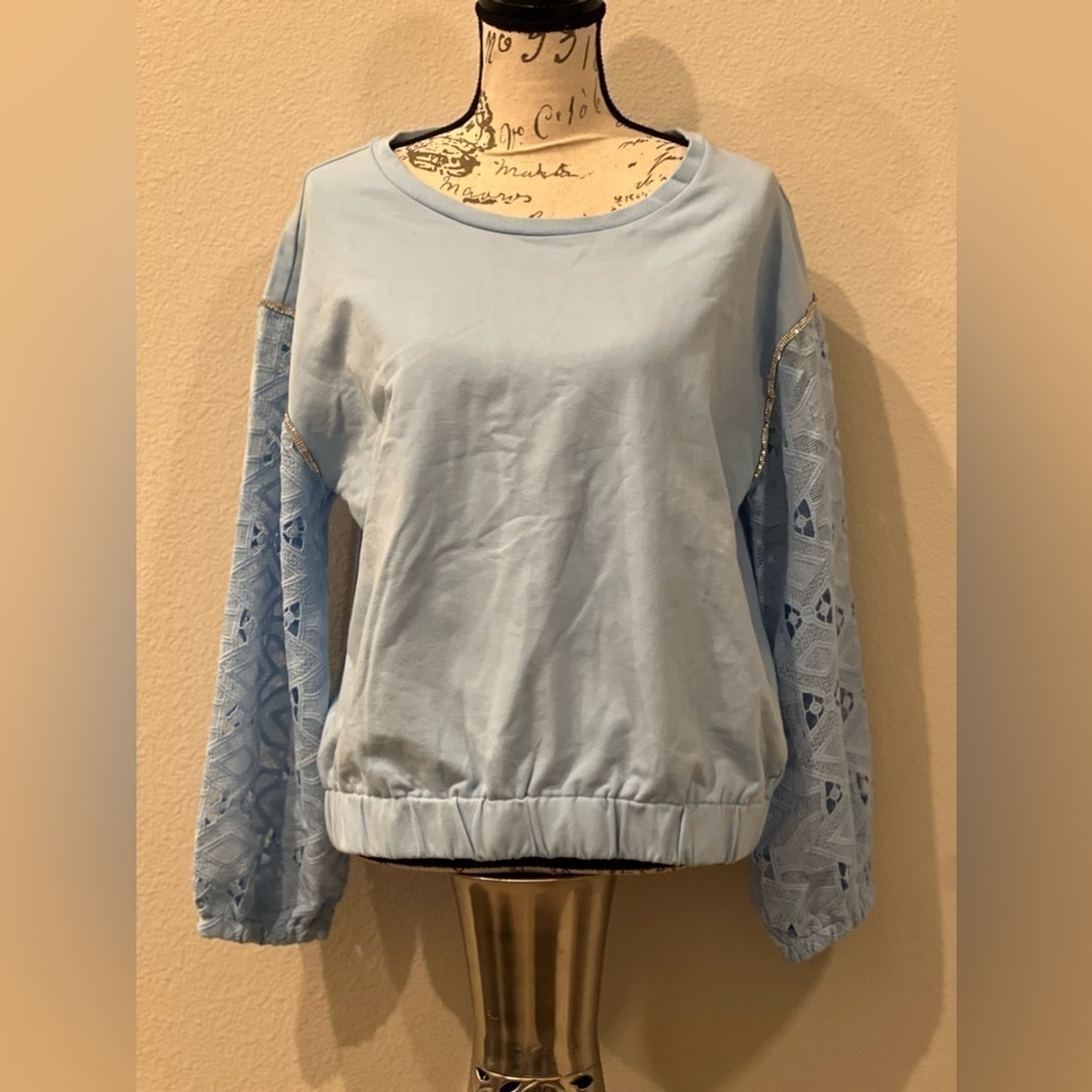 BOSTON PROPER Embellished Lace Sleeve Sweatshirt MEDIUM - Picture 6 of 9